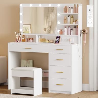 Hzuaneri Coiffeuse avec 10 Globes Lumineux LED, 3 Couleurs, Coiffeuse avec Prise Et Grand Miroir, Tabouret Et Support pour Sèche-Cheveux, Tiroirs Multiples, Blanc DT42903XEU