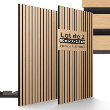 Arebos Lot de 2 Panneaux Acoustiques 120×60 cm | Panneaux Muraux à Lattes Aspect Bois pour Mur & Plafond | Haute Absorption Acoustique | Installation Facile & Découpable