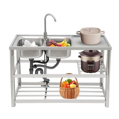 vinnyooc Évier Professionnel Inox 2 Cuves Évier double en acier inoxydable avec rack de stockage 120 x 45 x 80 cm pour, Cuisine, Garage, Restaurant, Jardin