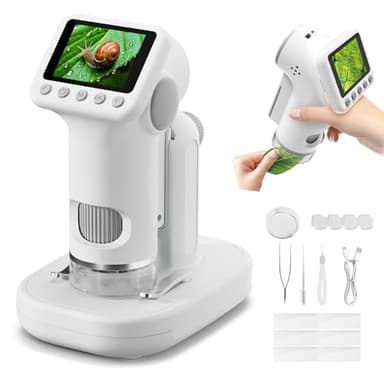 HEWEIMEI 1600X Microscope Enfant, 4K 2,0" Écran Portable Microscope de Poche, avec Kits Scientifiques, Jouets Sciences Éducatives, Cadeaux de Noël pour Enfants Élèves de 3 à 12 Ans (Blanc)