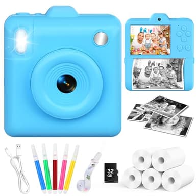 Appareil Photo Instantané Enfants - 1080P HD 2,4" Appareil Photo Enfant Selfie Caméra Vidéo avec Papier d'impression et Carte 32GB,Cadeau Jouet de Noël pour Filles et Garçons 3 à 12 Ans,Bleu
