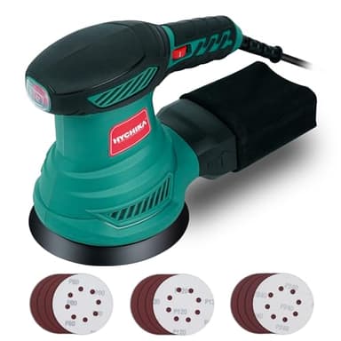 HYCHIKA Ponceuse Orbitale Électrique, 300 W Moteur en Cuivre Pur, 6 Vitesses 6000-13000 OPM, Ponceuse Multifonction pour Bois avec 12 Disques Abrasifs 125mm et Sac à Poussière