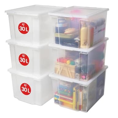 Iris Ohyama, Boite de Rangement avec Couvercle, 30L, Lot de 6, Transparent, Fermeture Facile, Empilables, en Plastique Transparent, pour Dressing, Étagères, Garage, Organisation, Vêtements, USB-M