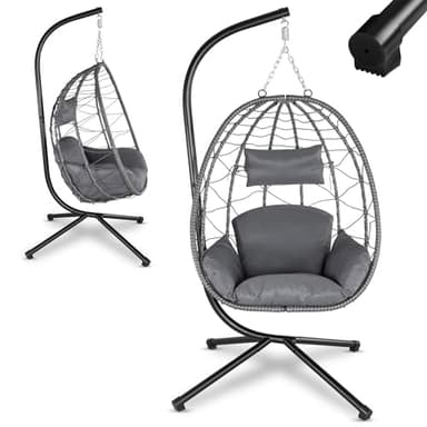 Juskys Fauteuil Suspendu Aria avec Coussin - réglable en Hauteur et Pliable - Balancelle en rotin synthétique pour l'extérieur et l'intérieur - Siège en Osier Gris foncé jusqu'à 130 kg