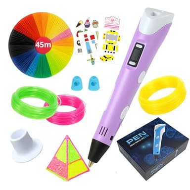 Stylo 3D de précision | Kit Complet avec 45 m de Filament PLA (15 Couleurs) et 3 Couleurs Fluorescentes | Vitesse réglable | Outil pour travaux manuels et réparations. Sac DE Transport Inclus
