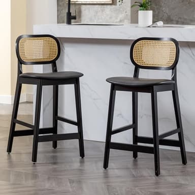 chairus Rotin Tabourets de Bar Lot de 2 en Cuir PU Chaises Bar Cuisine Chaise Haute pour Bar Bistro avec Structure en Bois Massif (Noir-2)