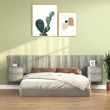 Mandloder Tête de lit robuste avec tables de nuit intégrées, bois gris sonoma, 160 cm de large, à fixer au mur pour le rangement et l'organisation de la chambre à coucher