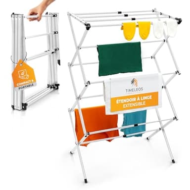 TIMELEOS Etendoir Linge Interieur Pliable - Sechoir a Linge Extensible, Robuste & Peu encombrant, 6 Niveaux avec 11 Barres, Tour à Linge Pliable et Extensible, seche Linge Durable, Blanc