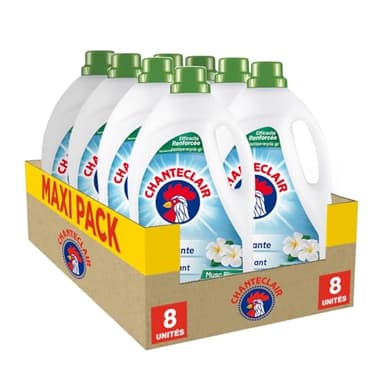 Chanteclair - Lessive Liquide Concentrées Musc Blanc, Enrichie au Dégraissant, Ultra Détachantes et Efficaces aussi à Froid, 40 lavages - 8x 1800 ml