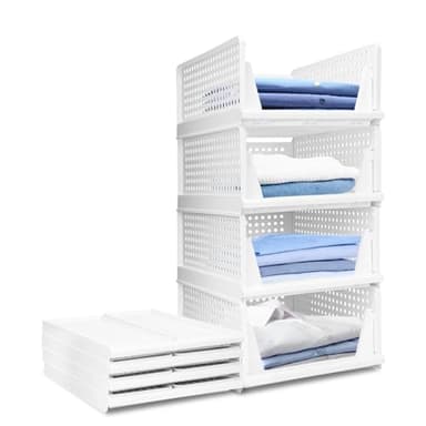 USHOP ​Lot de 4 Organisateur Armoire empilables​​ – ​​Rangement Vetement,Design perforé avec compartiments coulissants,Boite Rangement pour chambre/cuisine/salle de bain (Blanc)