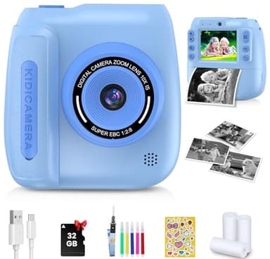 FZIFZI Appareil Photo Enfant Instantané, Appareil Photo Numérique 2.4" Écran avec Papier d'impression et Carte 32GB, Caméra Video et Selfie, Jouet Cadeau pour Filles Garçons Enfant de 3-14 Ans, Bleu