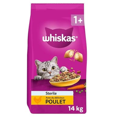 WHISKAS 1 An + Croquettes Chat Stérilisé, Sac de 14 kg, Au Poulet, Nourriture Chat Sèche Complète et Équilibrée, Contrôle du Poids, Sans Colorants Ni Arômes Artificiels