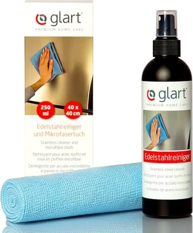 Glart 45ER Kit nettoyant inox 250 ml + chiffon microfibre 40x45 cm – élimine graisse et traces – sans rayures – pour cuisine, salle de bain, maison – emballage carton éco – fabriqué en Allemagne