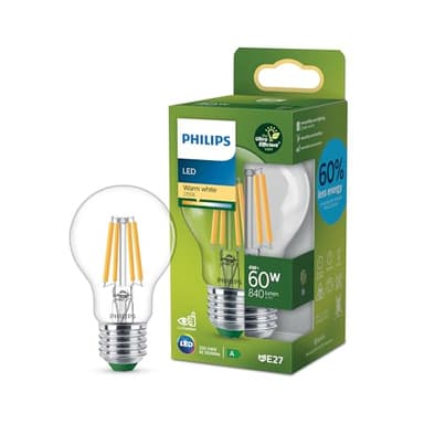 Philips, ampoule LED Ultra Efficient Classe A, 60W, culot E27, blanc chaud 2700K, transparente, verre