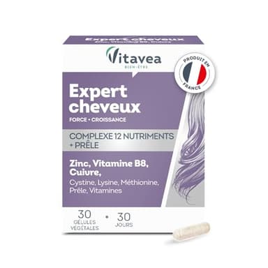 Vitavea Expert Cheveux 12 nutriments - Complément Alimentaire Cheveux - Biotine (vitamine B8), Zinc, Cuivre, Vitamines - 30 gélules - Cure de 1 mois - Vegan - Fabriqué en France