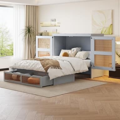 PUGSDRLY Lit Escamotable 140x200cm,Lit Pliant 2 Personnes avec 2 Tiroirs de Rangement,d'appoint,Mural,Cadre en Bois pour Adulte Adolescent Enfant,Design Rotin,sans Matelas (Gris)