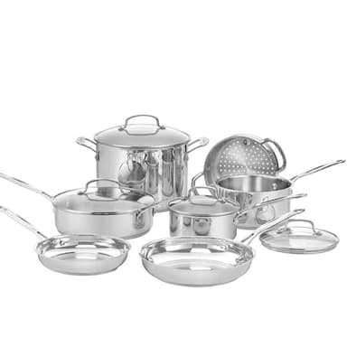 Batterie inox Cuisinart® Chef’s Classic™ 11 pcs : casseroles, poêles, faitout, vapeur | Induction | Fond alu | Poignées Cool Grip™ | Marquages | Couvercles verre | Lave-vaisselle - 7711G