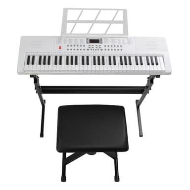 LALAHO Clavier Piano 61 Touches avec Support de Clavier, Banc de Piano, Piano Numérique avec Casque, Pupitre, Microphone, Écran LED, pour Débutants (Blanc)