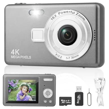 Appareil Photo Numérique,Appareil Photo Compact HD 1080P avec Carte de 64 Go,Appareil Photo 8X Zoom Numérique Rechargeable Appareil Photo Numérique pour Enfants, Adolescents,Débutants (Gris foncé)