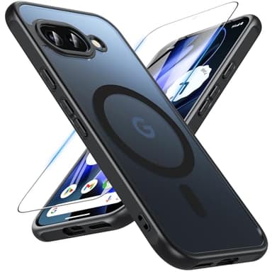 OWKEY Coque pour Google Pixel 9a, Compatible avec MagSafe avec Verre Trempé, Magnétique Protection Pixel 9a Translucide Mat Étui Arrière Housse Fine Antichoc Extérieur Case pour Google Pixel 9a, Noir