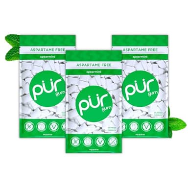 PUR Gum | Chewing-Gum Sans Sucre | Au Xylitol | Végétalien, Sans Aspartame et Sans Gluten | Gum Naturel Au Goût De Spearmint, 55 Pièces (Lot De 3)