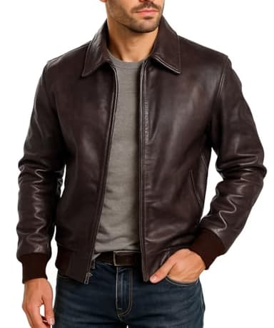 Fashion_First Blouson bomber en cuir d'agneau souple pour homme - Style décontracté - Noir/marron, Fausse veste marron, XL