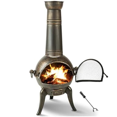 tectake® Brasero Exterieur Poêle en Fonte Chauffage au Bois Cheminée de terrasse extérieure Style Antique avec Porte grillagée & tisonnier 44 x 52 x 115 cm pour Aménagement Salon de Jardin Exterieur