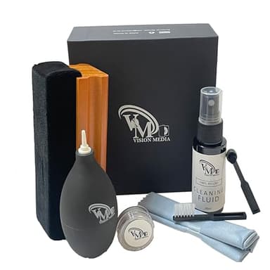 VISION MEDIA Kit de Nettoyage pour disques vinyles 7 pièces, Brosse en Microfibre de Nylon Velours Doux, Liquide nettoyant, Chiffon en Microfibre, souffleur d'air, Gel pour Stylet, Bros