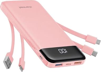 Charmast Batterie Externe, 10000mAh Power Bank avec 4 Câbles Intégrés, USB C Mince Batterie Portable Compatible avec iPhone 17/16/15/14, AirPods, iPad, Samsung etc (Rose Pâle)