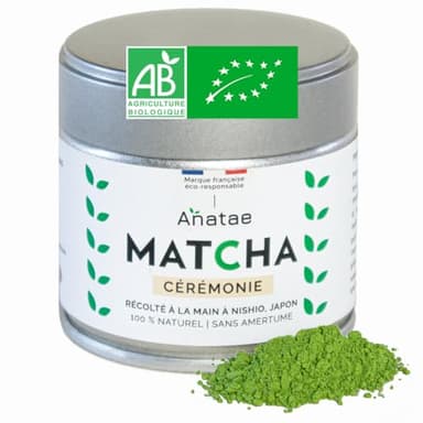 Anatae Marque française - Thé Matcha bio cérémonie japonais - Sans amertume - Poudre de thé vert matcha 100% BIO qualité cérémonielle - Récolté à la main à Nishio, Japon. 30 g