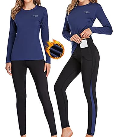 sous-Vêtement Thermique Femme, Ensemble de sous-vêtements Thermiques Femme Léger et Chaud Quick Dry Sou Vetement Manches Longues pour Hiver Sport L'entraînement Ski Running Montagne Bleu S
