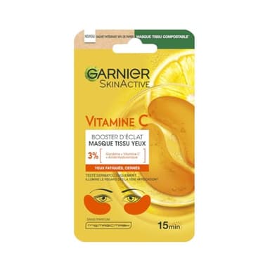 GARNIER Skin Active - Masque Yeux Booster D'Éclat - Illumine Le Contour Des Yeux - Réduit Les Cernes - Enrichi En Vitamine C, Glycérine & Acide Hyaluronique - Vegan & Cruelty Free - Tissu Compostable
