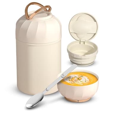 Thermos Alimentaire Chaud 850 ml, Boite Isotherme Repas Chaud avec Cuillère, Acier Inoxydable Boîtes Alimentaires Isothermes avec Poignée, Boite Repas Isotherme pour Soupe Porridge Éxtérieur(Blanc)