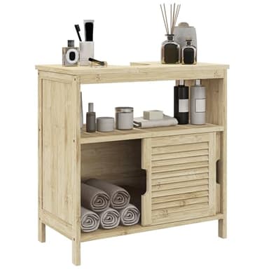 HOMCOM Meuble sous lavabo en Bambou, Meuble de Rangement pour Salle de Bain, avec 2 Portes coulissantes, étagère Ouverte, Structure en Bambou, 60 x 30 x 60 cm, Bois Naturel