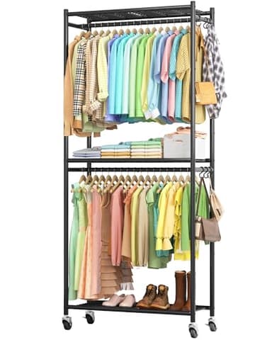 Sakugi Portant à Vêtement 84 x 32 x 202 cm – Penderie Vêtement Dressing Chambre Adulte avec Étagères & Roulettes, Portant Vêtement Solide à Roulettes avec Crochets, Pour Chambre (Noir)