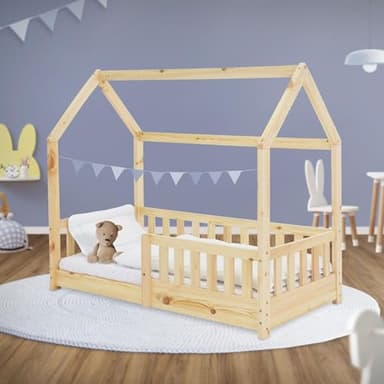 ML-Design Lit Cabane Enfant 70x140 cm Naturel en Bois Massif avec Protection Contre la Chute, Toit et Sommier à Lattes, Style Maison, Couchage Maisonnette Barrière de Sécurité pour Fille Garçon