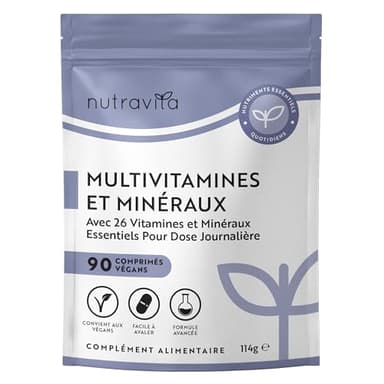 Nutravita Multivitamines et Minéraux - 90 Comprimés 26 Nutriments dont Zinc Fer Selenium Vitamine C A B D3 E K - Vitamines, Minéraux et Compléments Vegan Haute Absorption