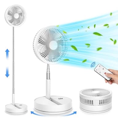 Oscillant Ventilateur sur Pied Portable Silencieux avec Télécommande, 9'' Pliable Sol/Table Basse Consommation Ventilateurs 4 Modes/Timer, 7200mAh USB Rechargeable Piédestal Fan pour Chambre Bureau