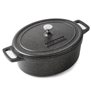ESEVOLO Cocotte Fonte Induction 11 Litres 38cm Ovale Faitout en Fonte d’Aluminium avec Revêtement Antiadhésif, Marmite avec Couvercle, Idéale pour les Grandes Familles, Four et Gaz, Noir
