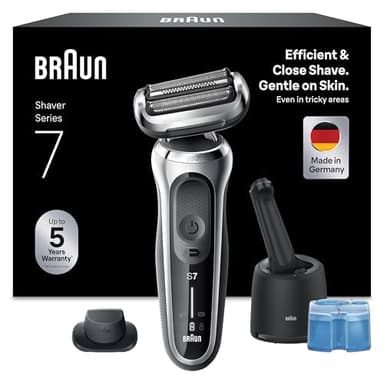 Braun Rasoir Electrique Homme Series 7 70-S7200cc Argent, A Grille, Sans Fil, Étanche, Rechargeable, Coffret De Rasage Avec Station De Nettoyage, Tondeuse Même Pour Les Barbes Dures