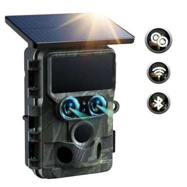 Camera de Chasse Solaire à Double Objectif, 4K 60MP Camera Chasse WiFi Starlight Vision Nocturne, Caméra de Chasse Connectée au Téléphone avec Détecteur de Mouvement Déclenchement 0,1s Étanche IP66