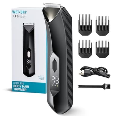 Tondeuse corps Homme, Rasoir Électrique Rechargeable pour Poitrine, Dos et Jambes, Étanche pour Rasage à Sec ou Humide, 4 Peignes de Limite, Ciseaux à Lames en Céramique avec Verrouillage de Voyage