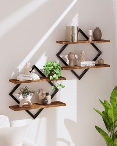 CHOEZON Étagère flottantes, Lot de 2, Étagères murales à 2 Niveaux, Rangements Suspendus avec Cadre métallique losangé, pour Salon, Chambre, Cuisine, Bureau, Marron Rustique et Noir DTBJ01P2BF