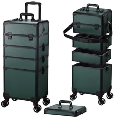 Valise Maquillage 5 en 1 Malette Maquillage Valise Onglerie Professionnel Malette Coiffure a Roulette Trolley Esthetique pour maquilleurs, coiffeurs, Vert foncé