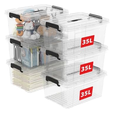 Cetomo 35L*6 Boîte de Rangement, Bac de rangement avec Poignée, Plastique Organisateur avec Couvercle, Empilable, Transportable, pour Vêtements, Bureau, Chambre, Dortoirs, Transparent, 35L - Lot de 6