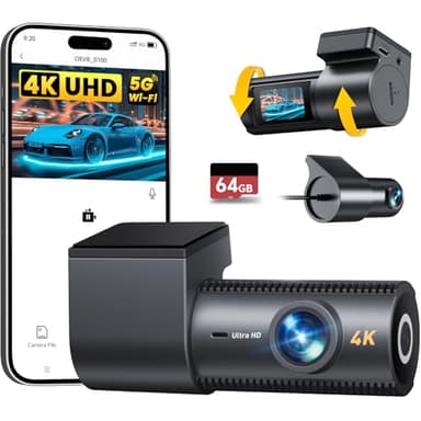 CIEVIE Dashcam Voiture Avant Arrière 4K+1080P, 5GHz WiFi Caméra Embarquée Voiture avec Carte SD 64G, Écran IPS de 1,5″, Capteur G, Vision Nocturne, Enregistrement en Boucle, Moniteur de Stationnement