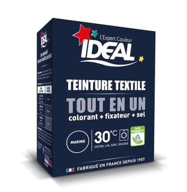 IDEAL - Kit Teinture Tout en Un Mini Bleu Marine - 230 g - Colorant + Fixateur + Sel Inclus - Teinture Textile Longue Tenue - Coton, Lin, Soie, Viscose - Efficace dès 30°C - Fabrication Française