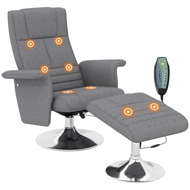HOMCOM Fauteuil Relax massant par Vibrations avec Pouf, Fauteuil TV avec Fonction Chaise Longue, siège pivotant à 360° Assise rembourrée Confortable, pour Salon, Chambre, Tissu Effet Lin, Gris foncé