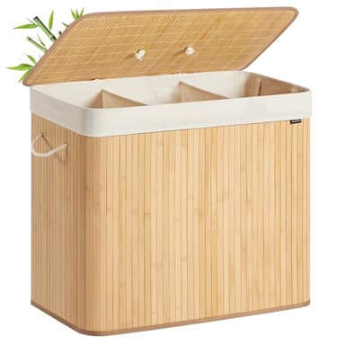 SONGMICS Panier à Linge avec Couvercle, 3 Compartiments, 170 L, Corbeille à Linge Sale en Bambou, Pliable, Sac Amovible et Lavable en Machine, avec Poignées, pour Buanderie, Chambre, Naturel LCB013Y01