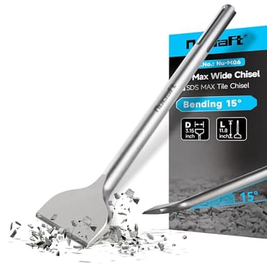 Nucraft SDS Max Burin à carrelage avec 300 x 80 mm, burin coudé avec un angle de travail de 15°, fabriqué en acier trempé super